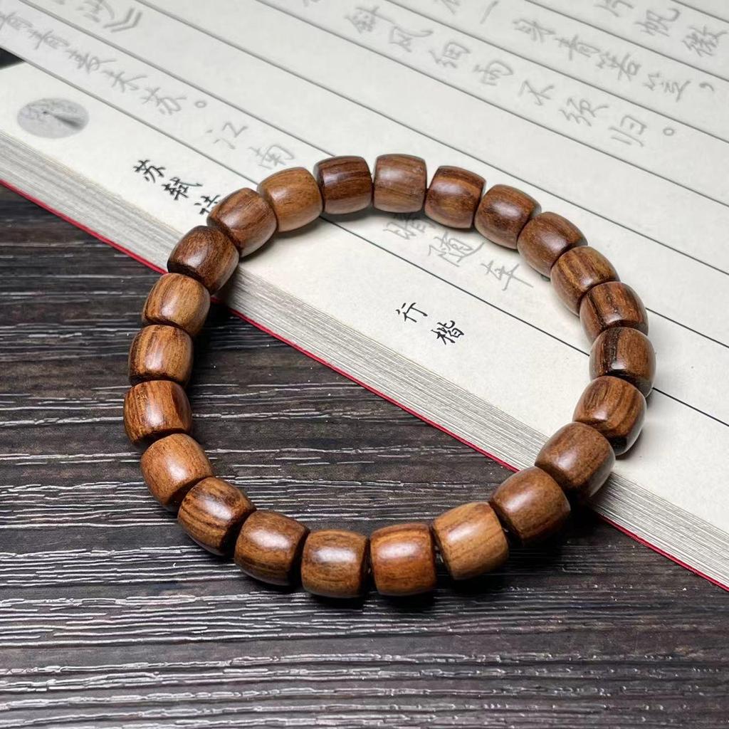 Ethnic Green Sandalwood Straight-Cut Barrel Bead Bracelet, Handmade Unisex Cultural Play Single Loop