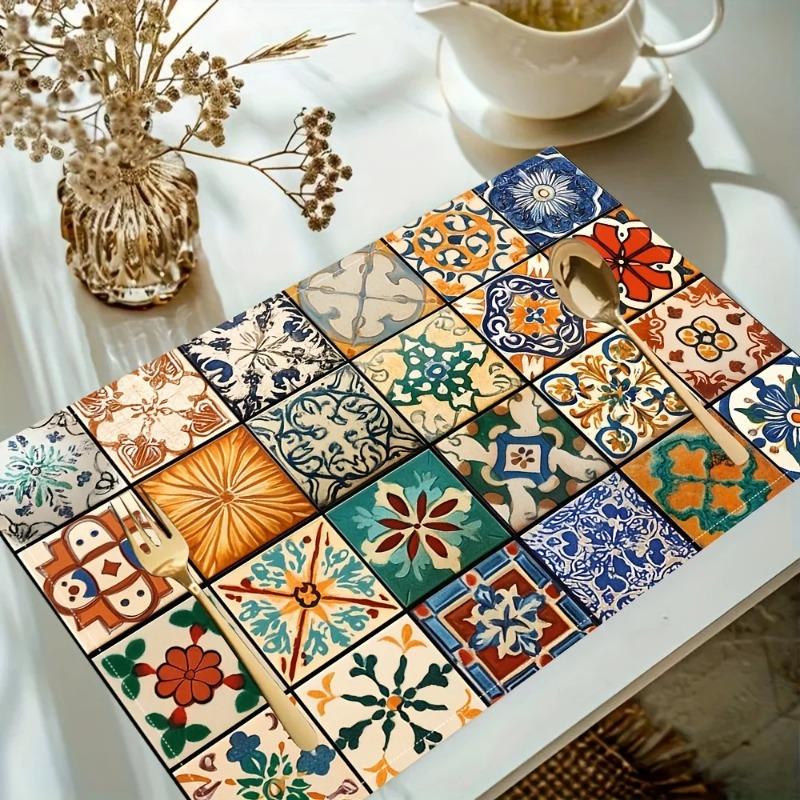 Contemporary Table Mats Set Multicolor Geometric Pattern Blue Orange Theme with Minimalist Tableware for Dining Room