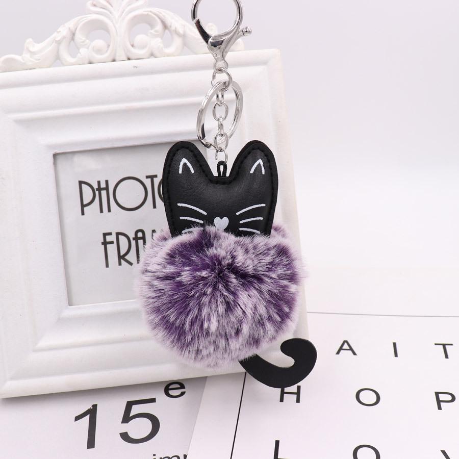 Adorable Black Kitten Keychain with Faux Fur Ball Charm - Cat Plush Toy Accessory