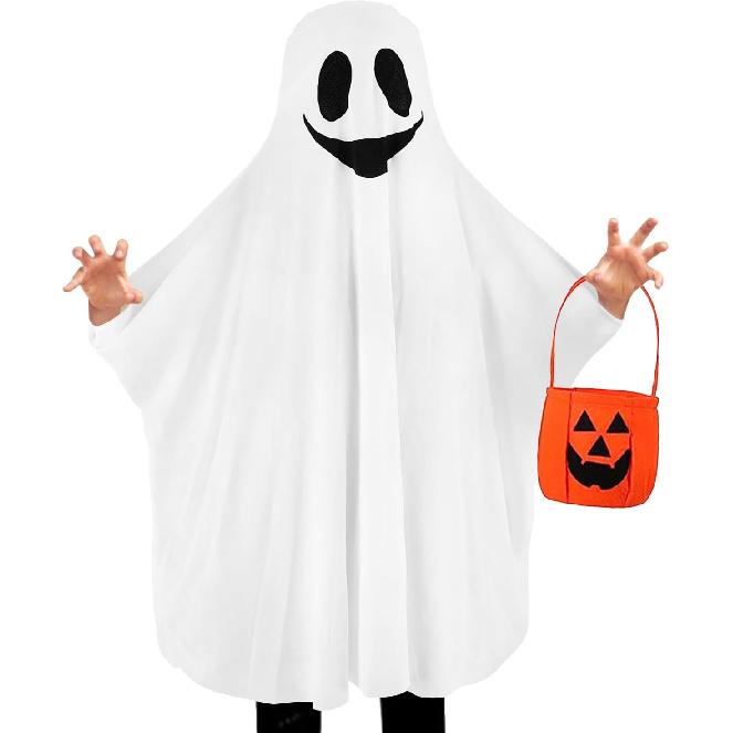 Halloween Ghost Costume Kids with Non-woven Pumpkin Trick or Treat Bags White Halloween Ghost Costume for Boys Girls