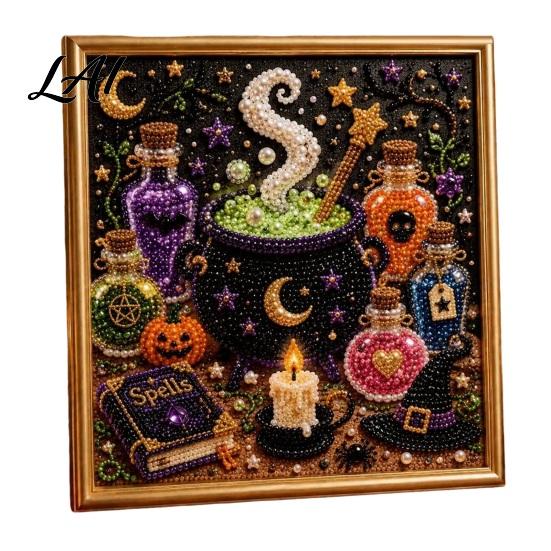Halloween Craft Supplies Faux Pearl Painting Kit DIY Witchcraft Art 3D Seasonal Bead Wall Kit for Adults Beginners Handmade Holiday Decor Shiny