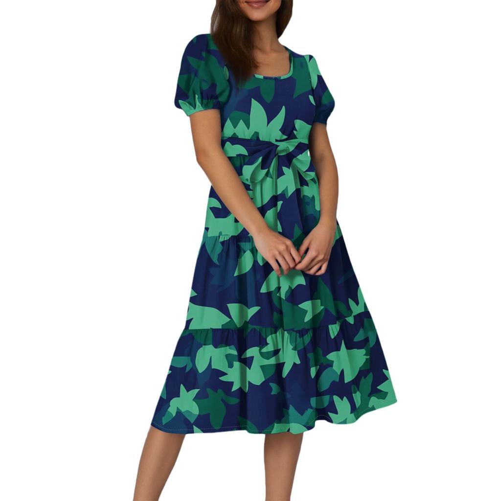 Women's Summer Floral Print Short Sleeves Neck Waistband Bohemian Flowy Maxi Dress With Pockets
