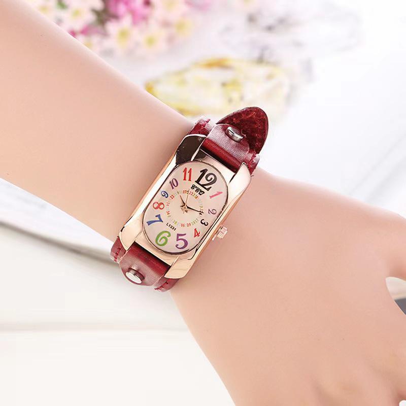 Trendy Men's Leather Belt Watch & Women's Colorful Numbers Quartz Wristwatch