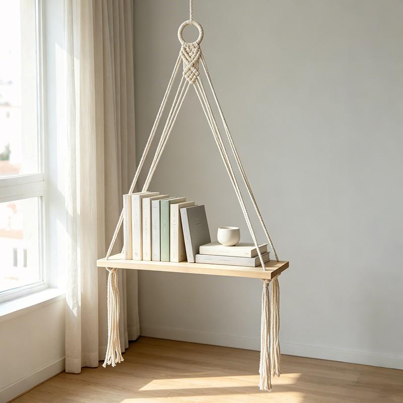Boho Style Cotton Rope Hanging Wooden Shelf Wall Mounted Floating Rack Nursery Bedroom Decor Storage