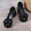 New Women's Platform Pumps with Bow Knot Chunky Block Heel Ankle Strap Patent Leather Party Shoes Black/Beige Mary Jane Shoes
