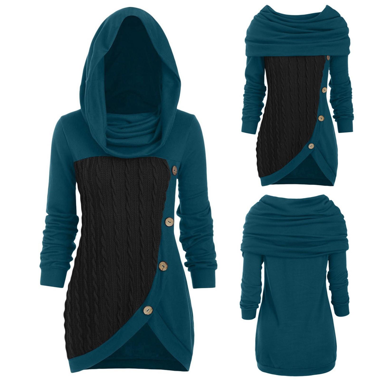 

Plus Size Women O-Neck Long Sleeve Solid Botton Pachwork Asymmetric Tops Sweater S синій