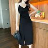 Black suspender V-neck dress women's summer dress new slim French split fork inside long skirt sexy ins