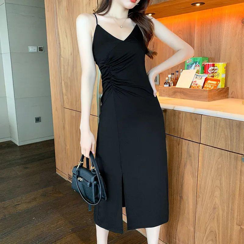 Black suspender V-neck dress women's summer dress new slim French split fork inside long skirt sexy ins