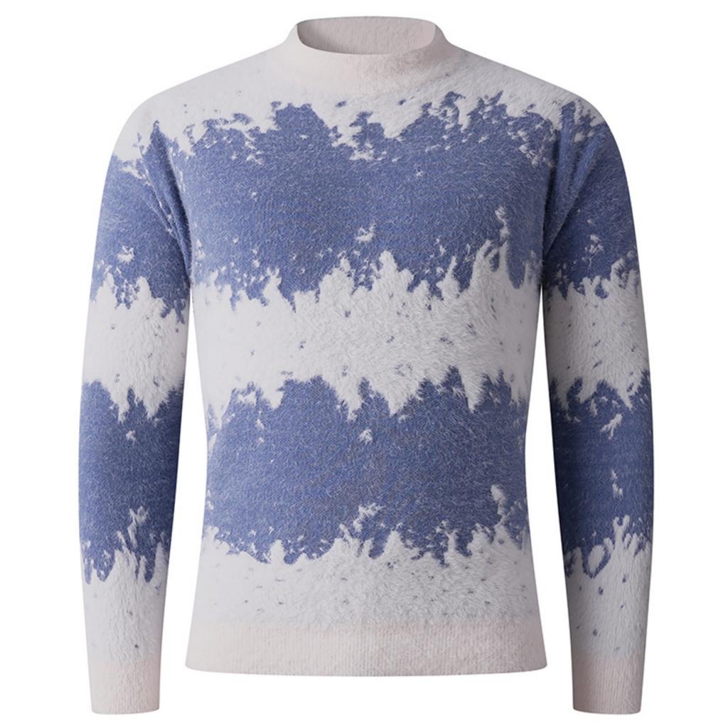 Men's And Women's Casual And Trendy Printed Color-blocked Thickened Semi-high Neck Sweaters, Men's Knitted Base Layer Sweaters, Round Neck Sweaters