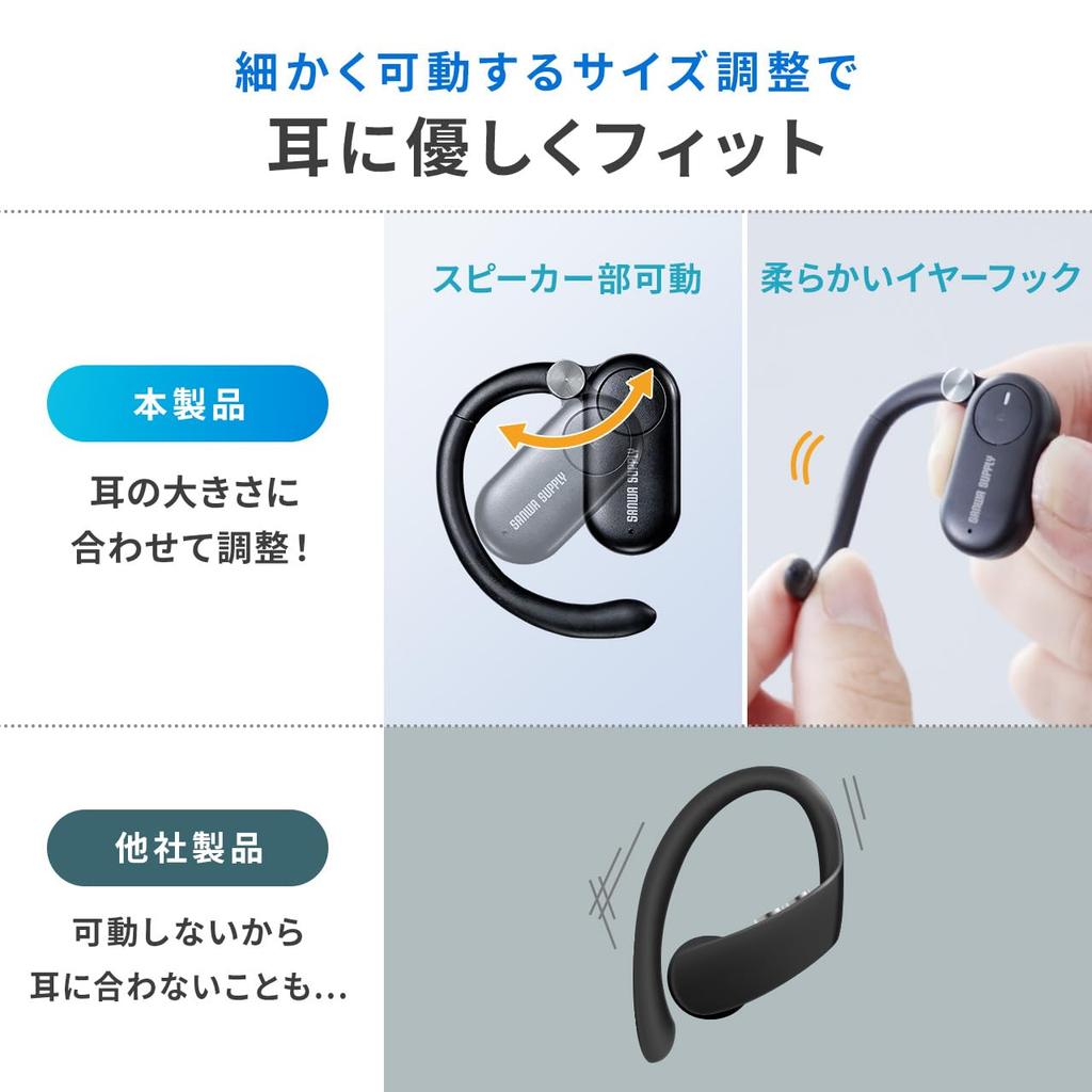 Sanwa Direct Bluetooth Air Adjustable Lightweight No Ear Open-Ear Earphones, Waterproof, IP55, Conduction, Type-C Charging, Size, 10g, Blocking,