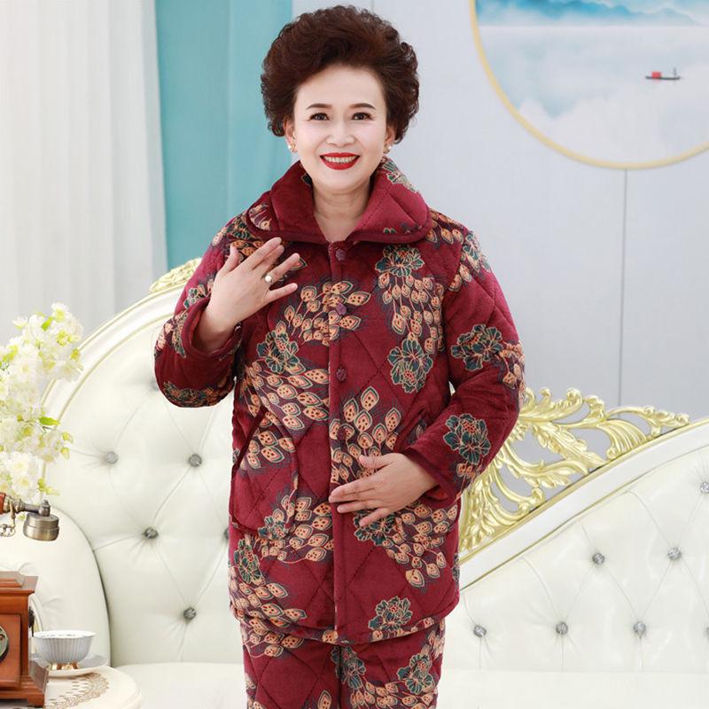 Three-Layer Fleece-Lined Quilted Winter Pajama Set for Elderly Women - Warm Coral Fleece Home Wear & Outerwear