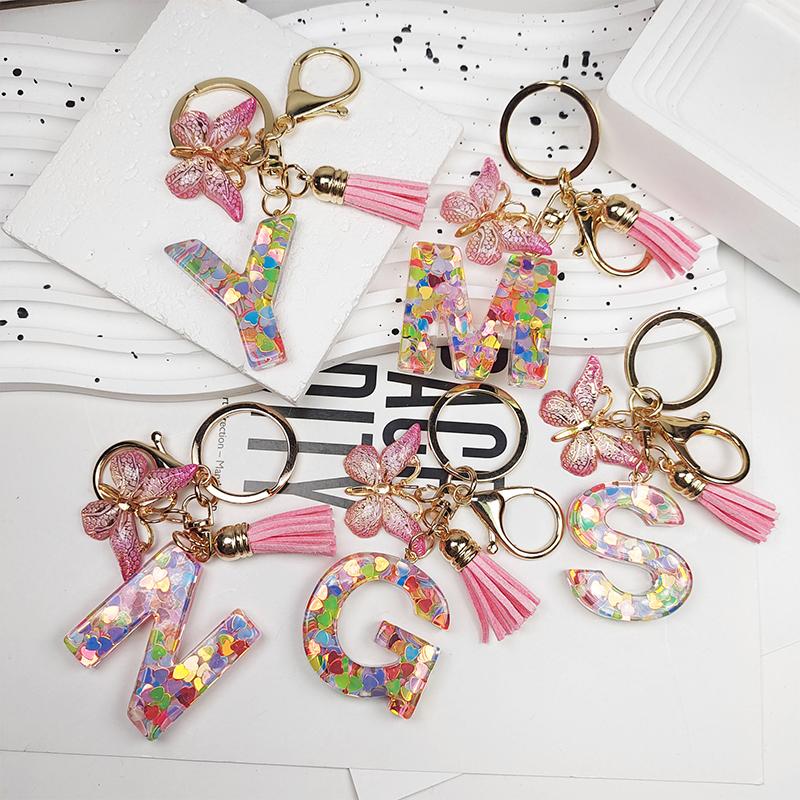 Pink Letter Keychain Heart Sequin Butterfly Tassel Keychain Epoxy Pendant Accessory For Women
