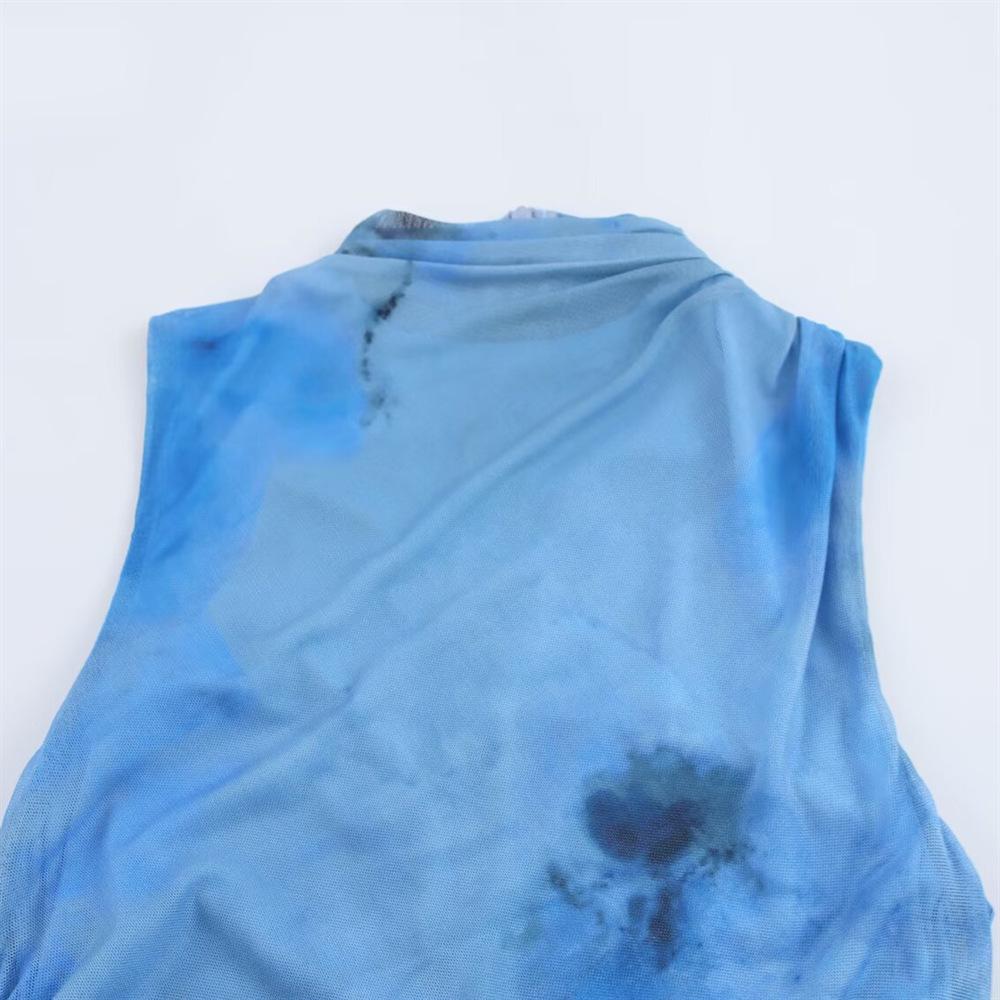 2025 Spring New Women's Slim Fit Sleeveless Dress with Pleated Print Design