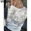 WTEMPO Abiti vintage da donna T-shirt Y2K O-Collo a maniche lunghe con stampa Camicie a tunica Donna Chic Casual Slim Top corti