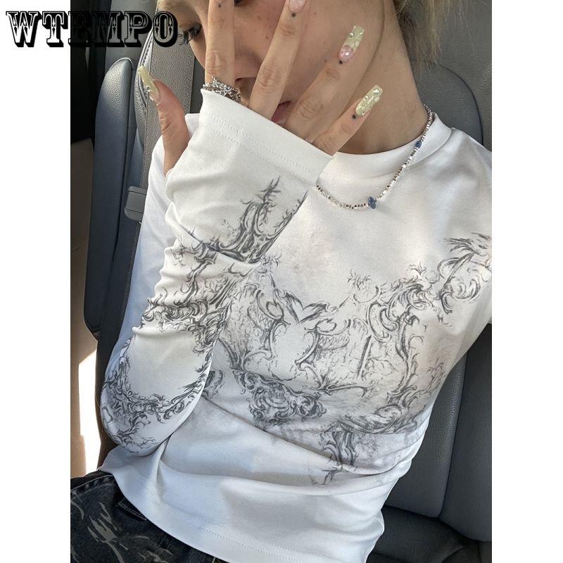 WTEMPO Vintage Dámské Oblečení Y2K Trička O-Výstřih Dlouhý Rukáv Potisk Tuniková Trička Dámská Šik Ležérní Slim Krátké Topy