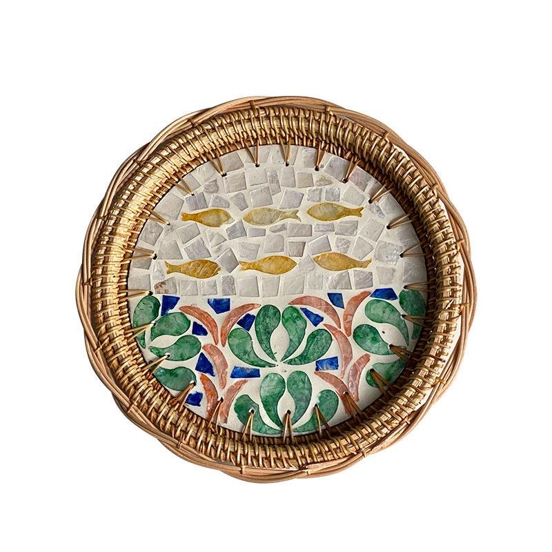Light Luxury Rattan Woven Round Colorful Storage Tray Living Room Tea Table Fruit Pastry Cake Plate Trays Decorative