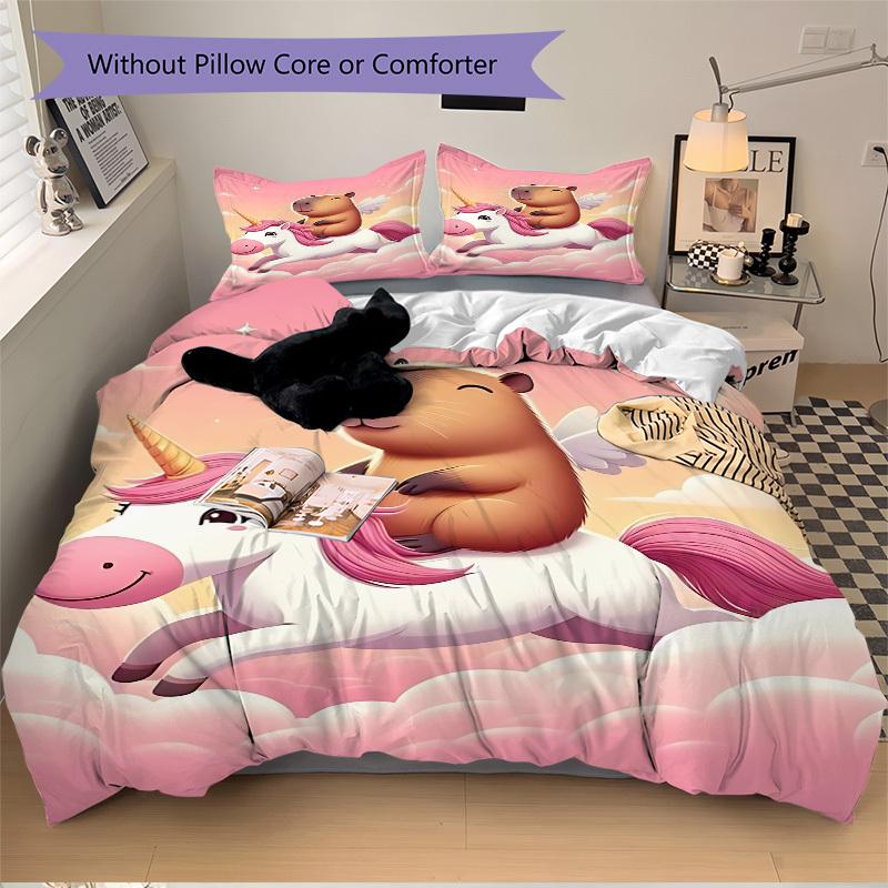 3pcs Unicorn, Capybara Duvet Cover Set - Machine Washable, Includes 1 Cover and 2 Pillowcases, No Core Included yy251013110