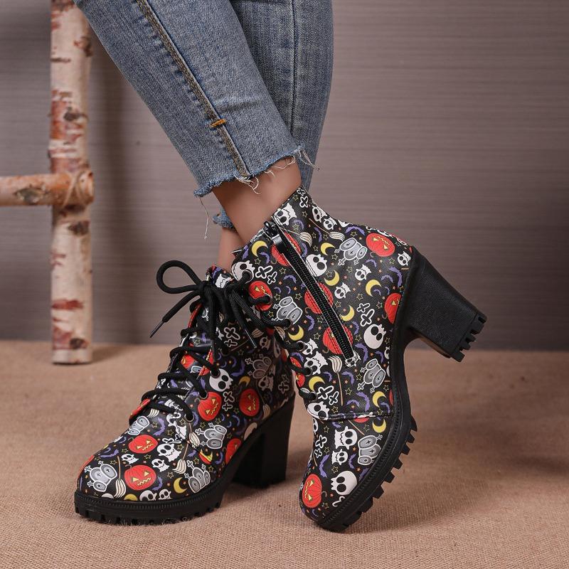 Skull thick heel short boots women wear autumn and winter new fashion high heel front lace-up fashion boots women