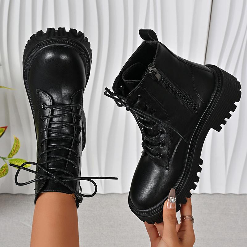 Fashion Black Punk Lace Up Motorcycle Boots Women Autumn Winter Platform Ankle Boots Women Plus Size 35-43 Zip Pu Leather Booties Mujer