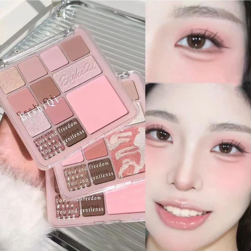 Palette d'ombres à paupières 12 couleurs Blush facial Highlighter Illuminateur Longue tenue Brillance Paillettes Mat Maquillage pour les yeux Cosmétique