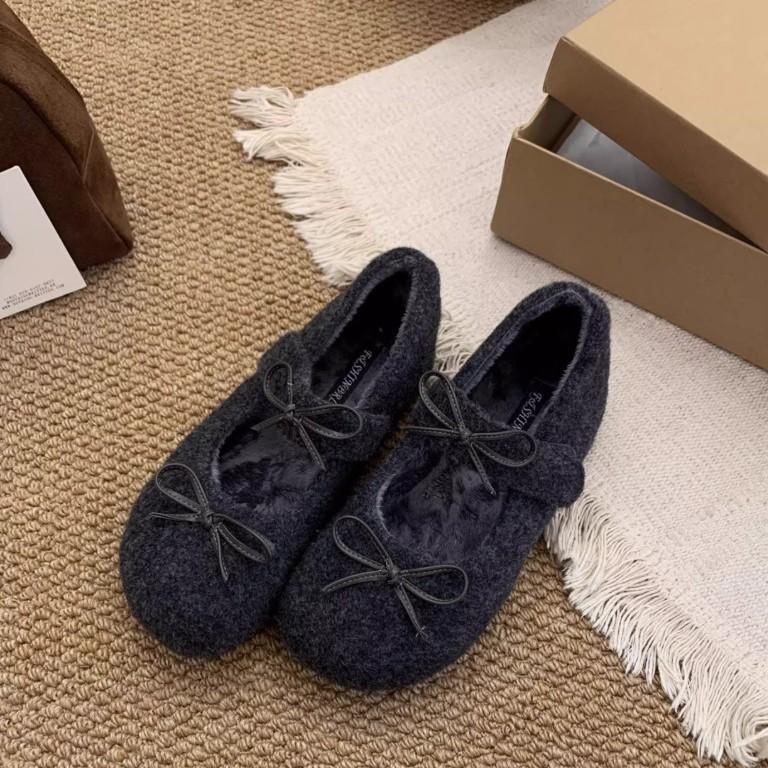 Gentle Wind White Bow Fluffy Shoes Winter Wear Mary Jane One Pedal Lazy Velvet Warm Soft-soled Cotton Shoes