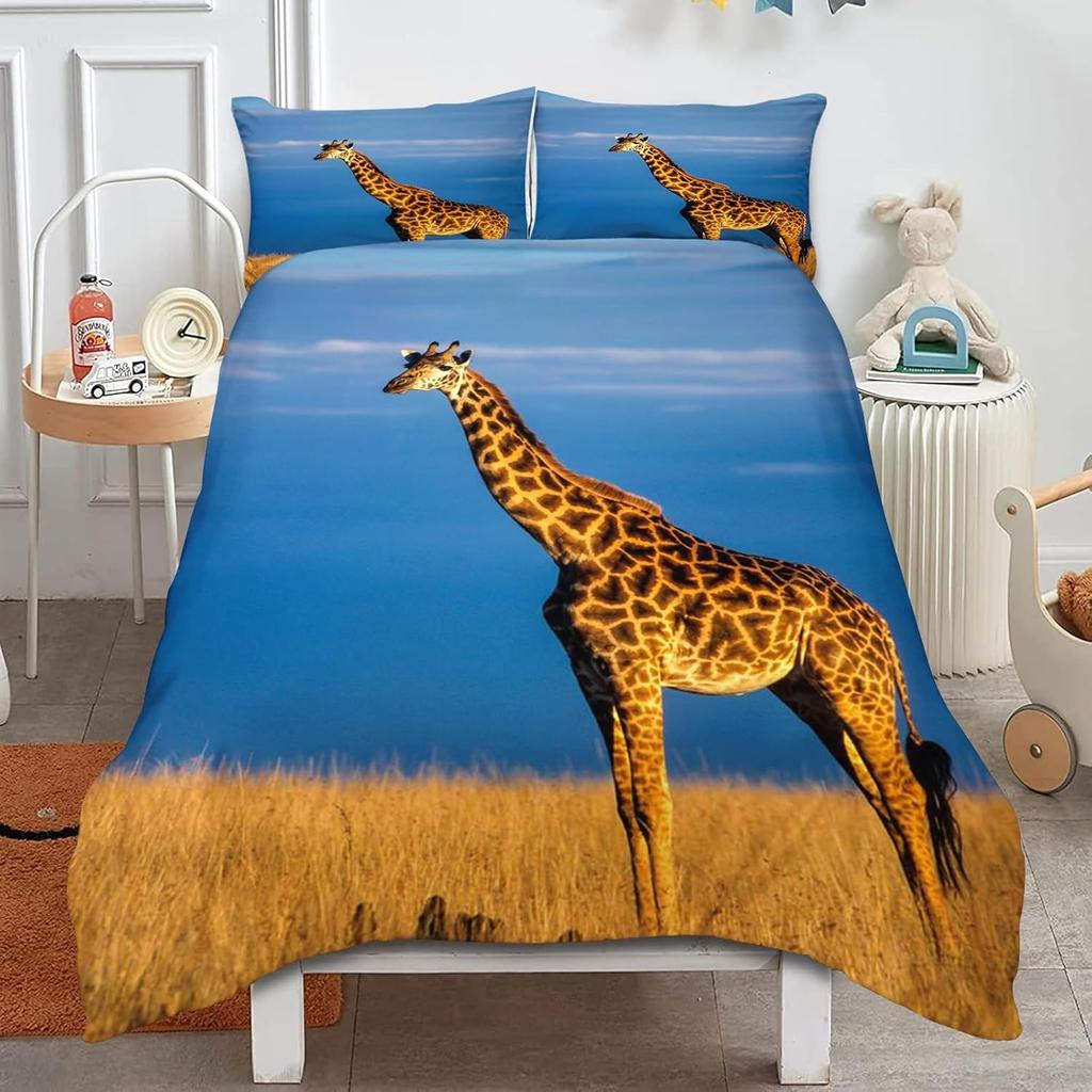 Cute Giraffe Bedding Set Kids Cartoon Animal Comforter Cover Set for Boys Girls Teens, Farm Print Quilt Cover Set Room Decor
