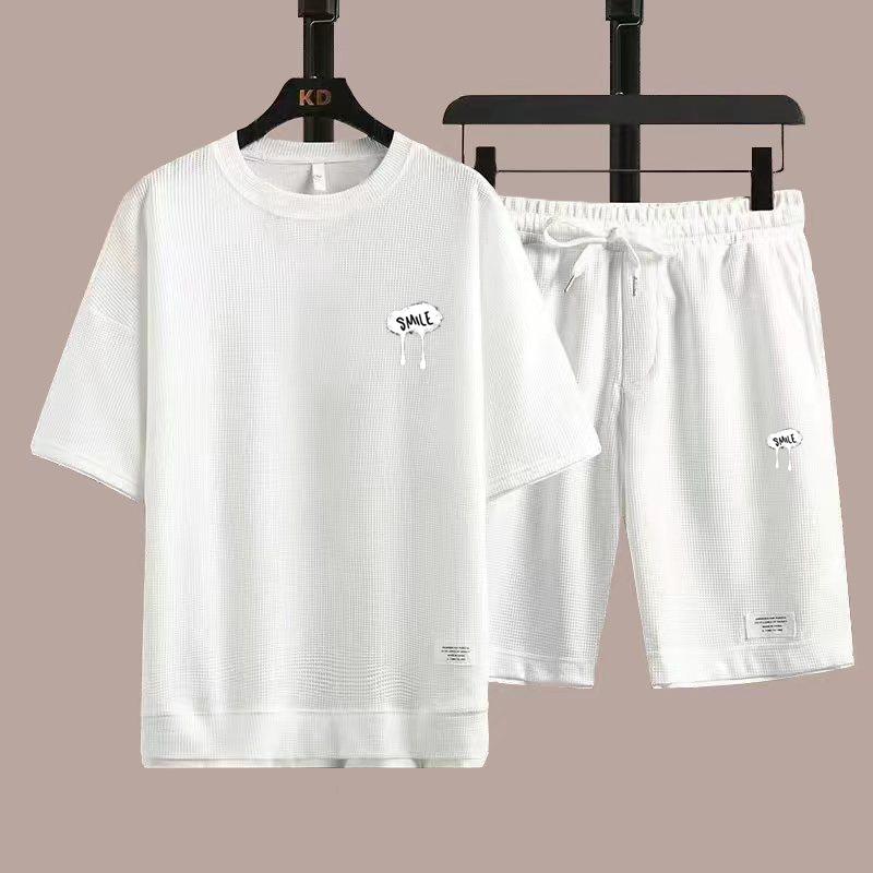 Waffle Mens Set Summer T-Shirt Shorts Tracksuit Mens Streetwear Short Sleeve 2 Pieces Set Casual Men Sports Suit Clothing