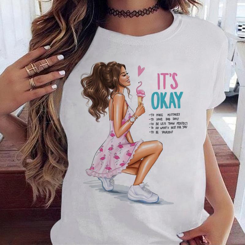 Women's Top Urban Girl Printed Casual White Cute Simple Retro Front Shoulder Pure Cotton Short Sleeved T-Shirts Women’s