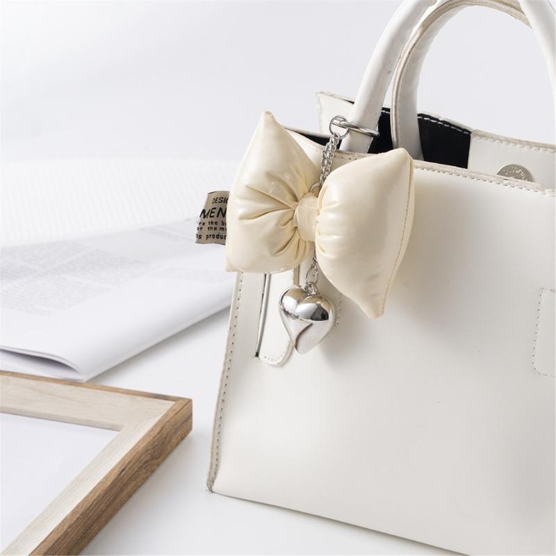 Sweet Lovely PU Leather Bowknot Heart Keychains Pendant Hangings Ornament Keyring Backpack Decoration for Women Girls