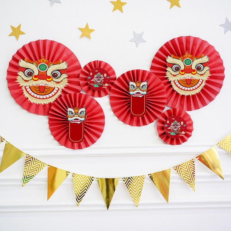 Chinese Lion Fan Home Decoration 2025 New Year Fan Flower Pendant Paper Craft Lion Background Wall Decor Housewarming Decoration
