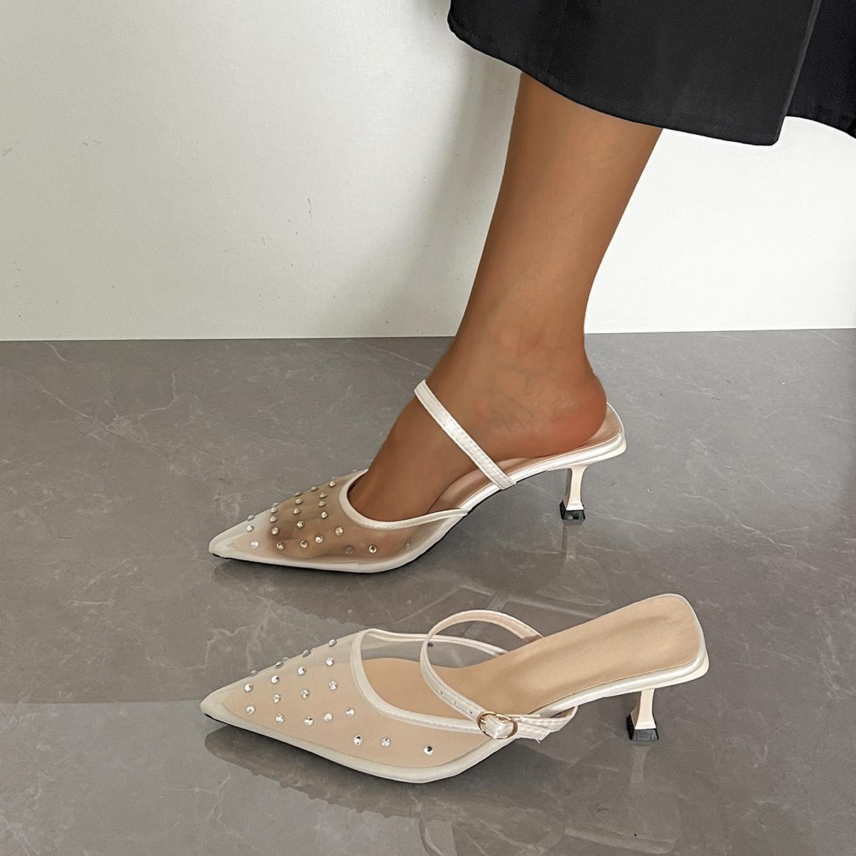 

Мода Размер 35-42 Женские Мюли Сандалии Дышащая Сетка Блестящие Кристаллы Каблук-рюмочка Летняя Обувь Женская Сексуальная Острый Носок Повседневные Вечерние Тапочки 35 бежевый