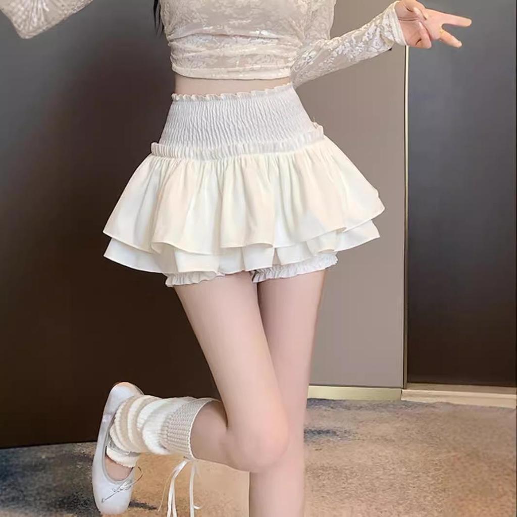 Women's Ballet-Style Puff Skort: Spring/Summer White Short Umbrella Skirt, Faux Two-Piece Design