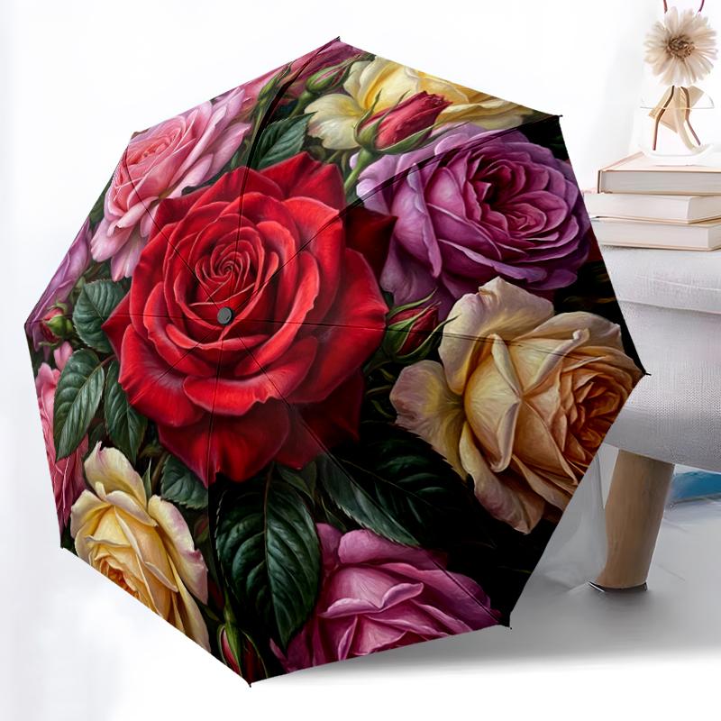 1pc Sturdy 8-Bone Auto Umbrella, Mixed Rose Bouquet Umbrella, Digital Printed, Foldable Umbrella for On-the-Go Outdoor Use