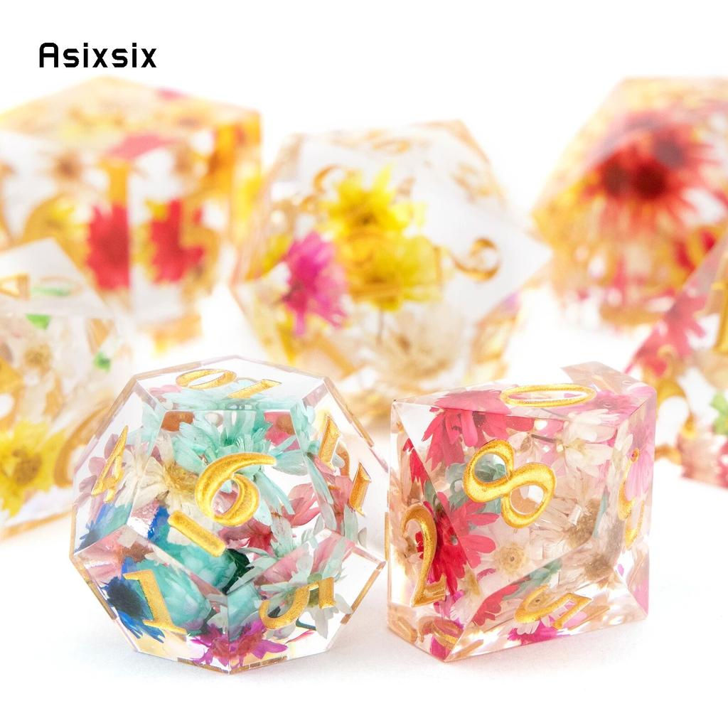 7 Pcs Flower Resin Golden Number Sharp Edge Dice Polyhedral Dice Suitable for Role-Playing RPG    Board Game