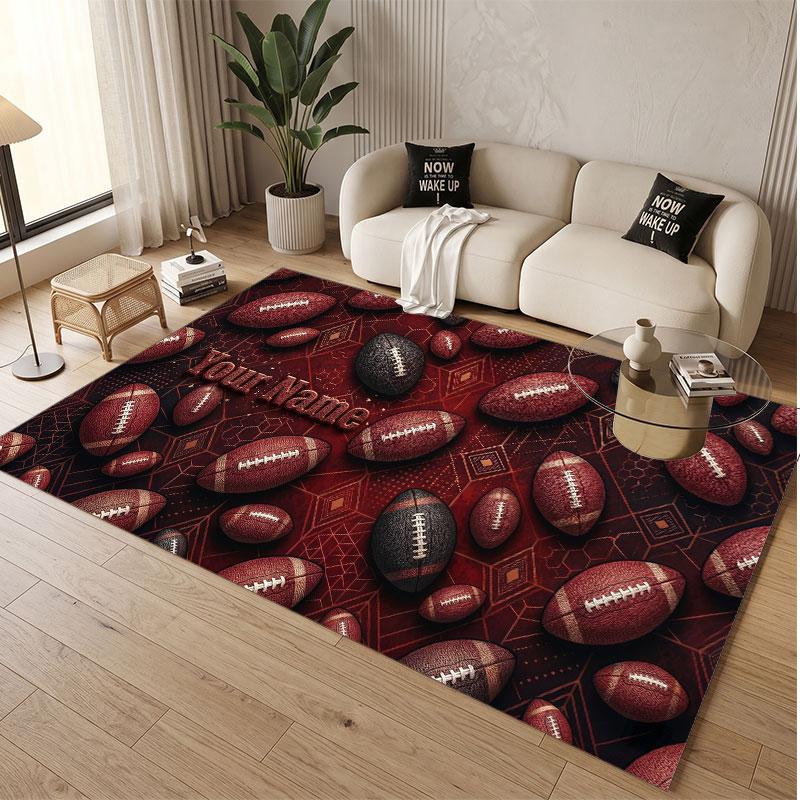American Football Theme Soft Crystal Velvet Rug Custom Name & Text Print Non Slip Floor Rug for Bedroom Living Room