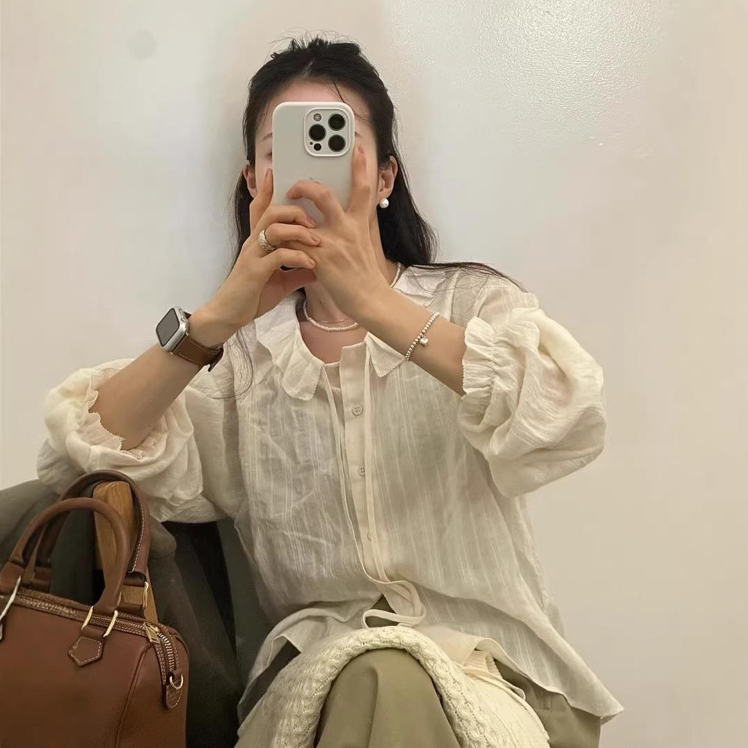 

Korean Chic Cotton Jacquard Ribbon Shirt & Cable Knit Vest Set for Women One Size