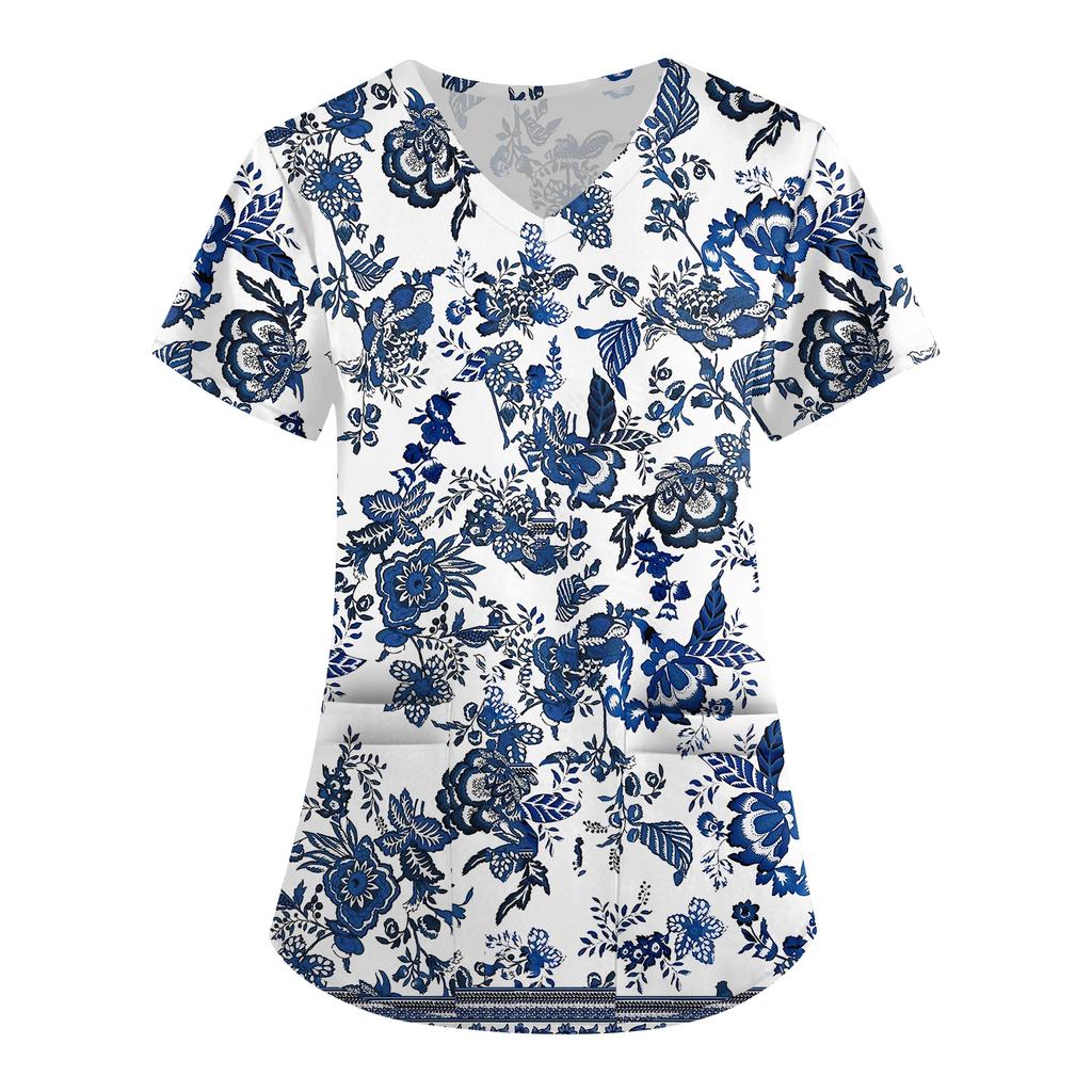 Nadměrná velikost Potištěný pracovní oděv Halenky pro dámský překřížený výstřih do V Potisk Krátký rukáv Zábavná trička Pracovní oděv Tričko s kapsami