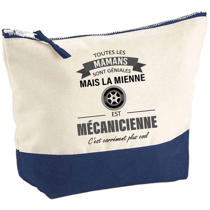 Trousse de maquillage - PLANETEE - Pochette fond bleu Maman Mécanicienne - Grand format - Coton - Impression sublimation HD