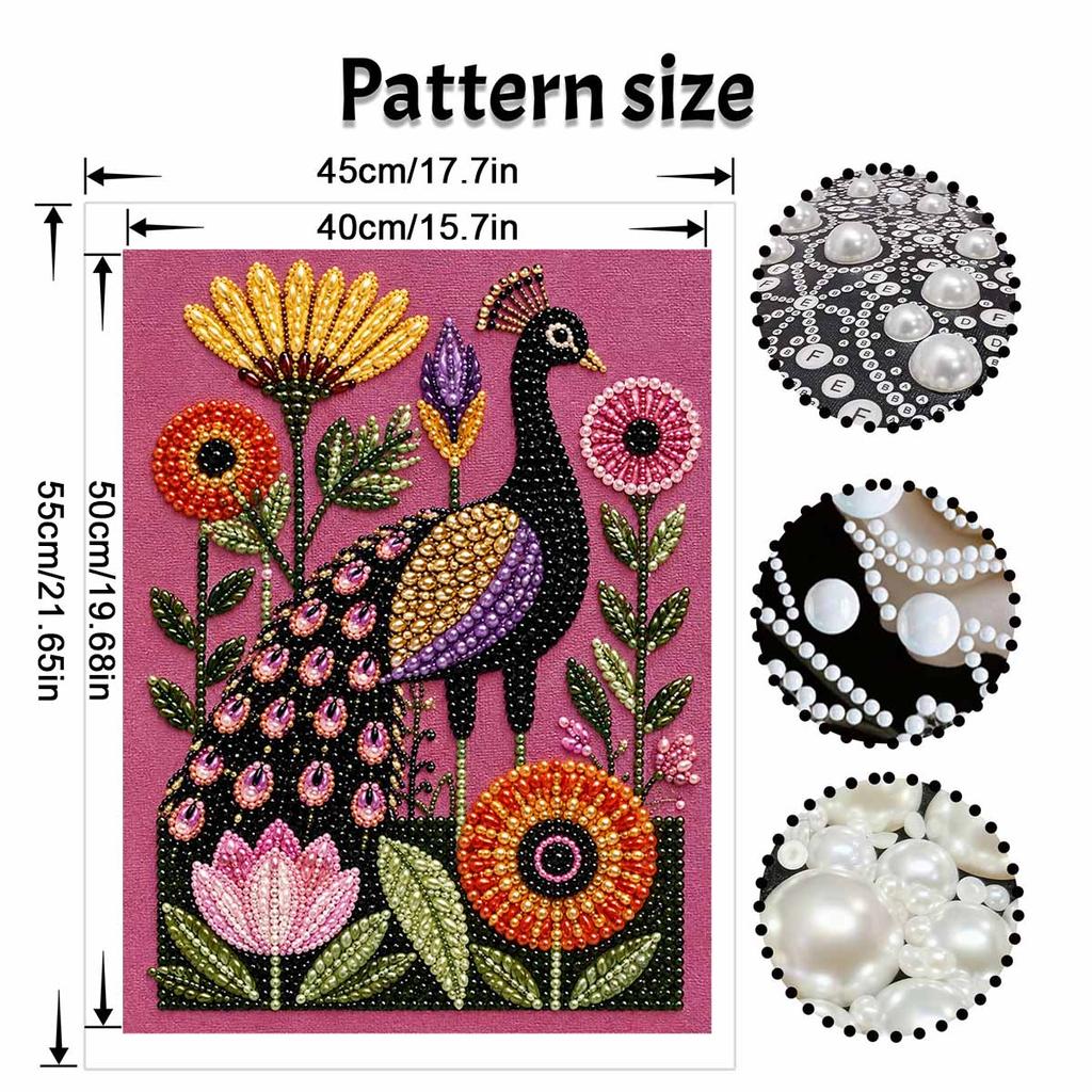 Peacock Flower Pearl Painting Kit with Frame Sparkling Bead Canvas Romantic Handmade Wall Decor Gift for Women