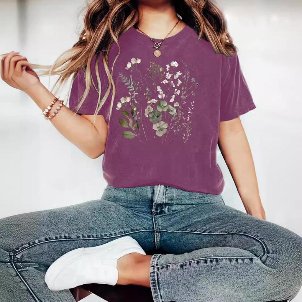 Damen Sommer T-Shirt mit Blumenmuster, Rundhalsausschnitt, kurzen Ärmeln