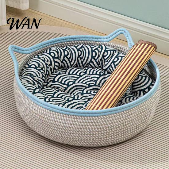 All Season Cat Bed Basket with Cushion Cotton Rope Handwoven Pet Spacious Breathable Ear for Indoor Cats Stretch Space