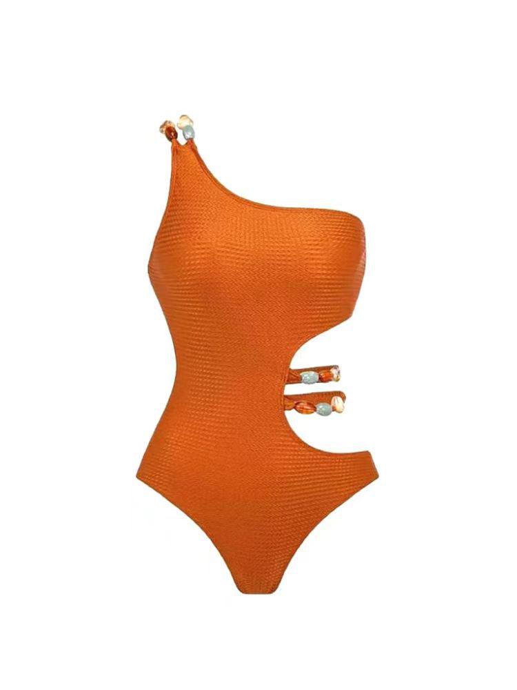 2025 Women's Beaded One-Shoulder Slimming Swimsuit: Tummy-Covering Bikini & Sun Protection Gauze Skirt