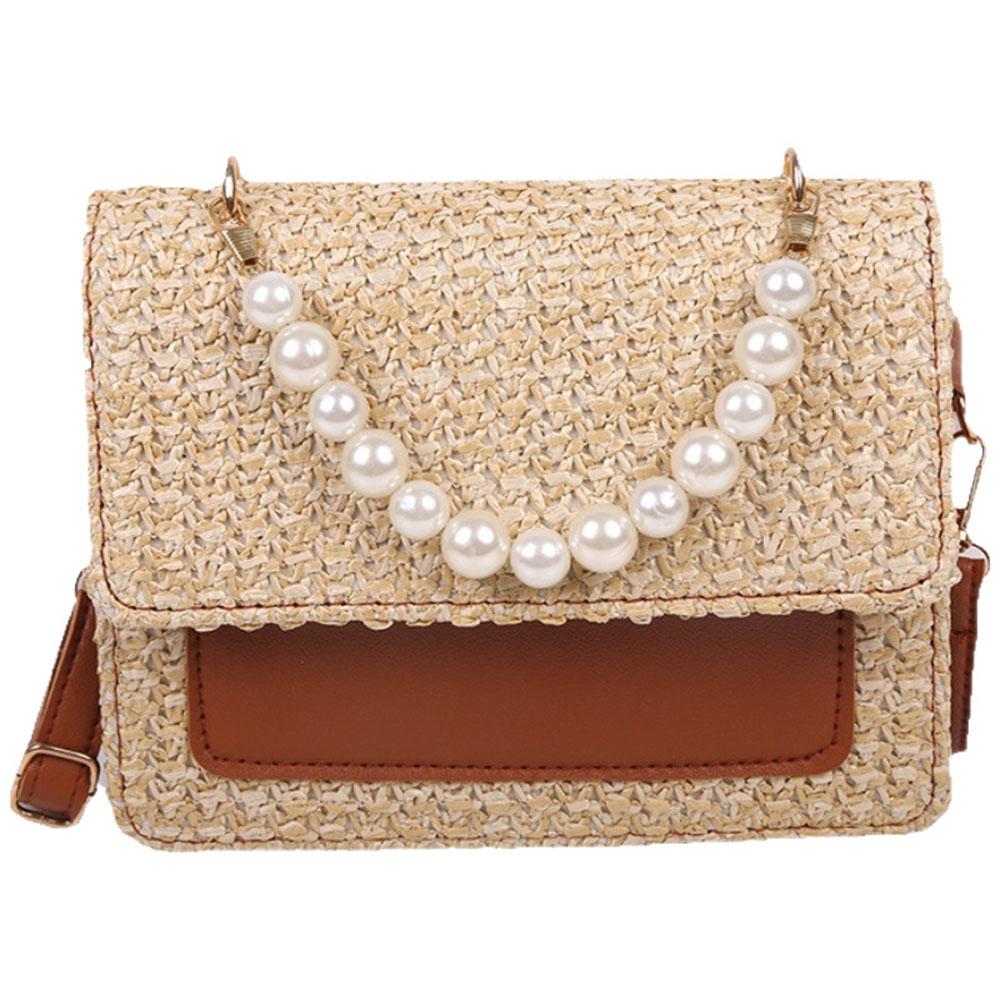 New Spring Summer Pearl Bracelet Crossbody Bag Simple Straw Woven Women Underarm Bag Fashi Square Handheld Bag For Ladies