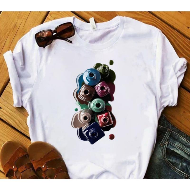 European and American Nail Polish Simple Women's Casual Cute Large Size Short-sleeved T-shirt Women Clothes Tops