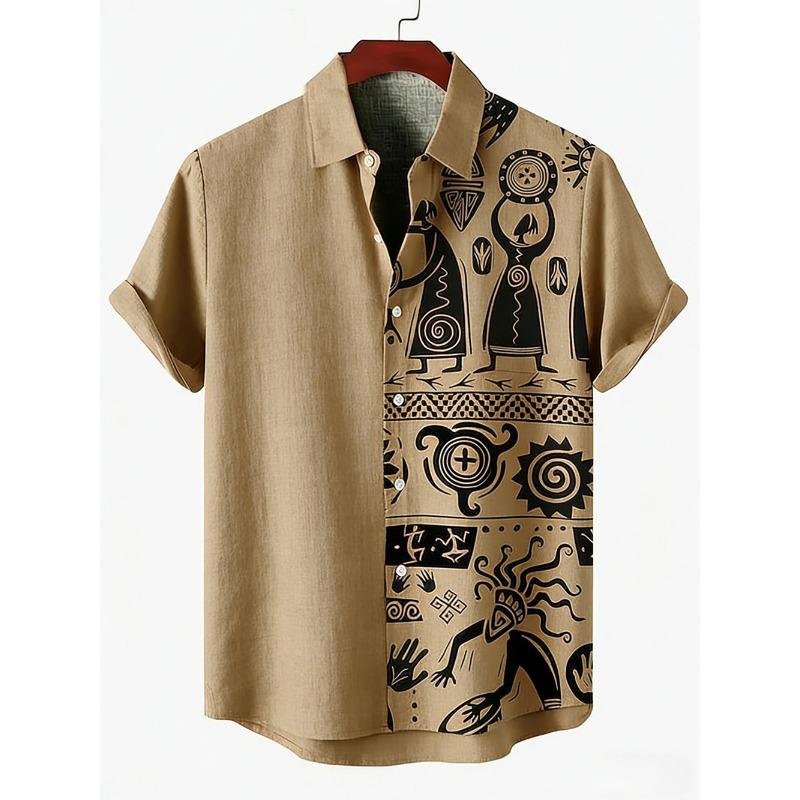 Men's New Ethnic Style Tribal Pattern 3D Printed Shirt Hawaiian Tropical Short-sleeved Linen Breathable Outdoor Clothes for Men