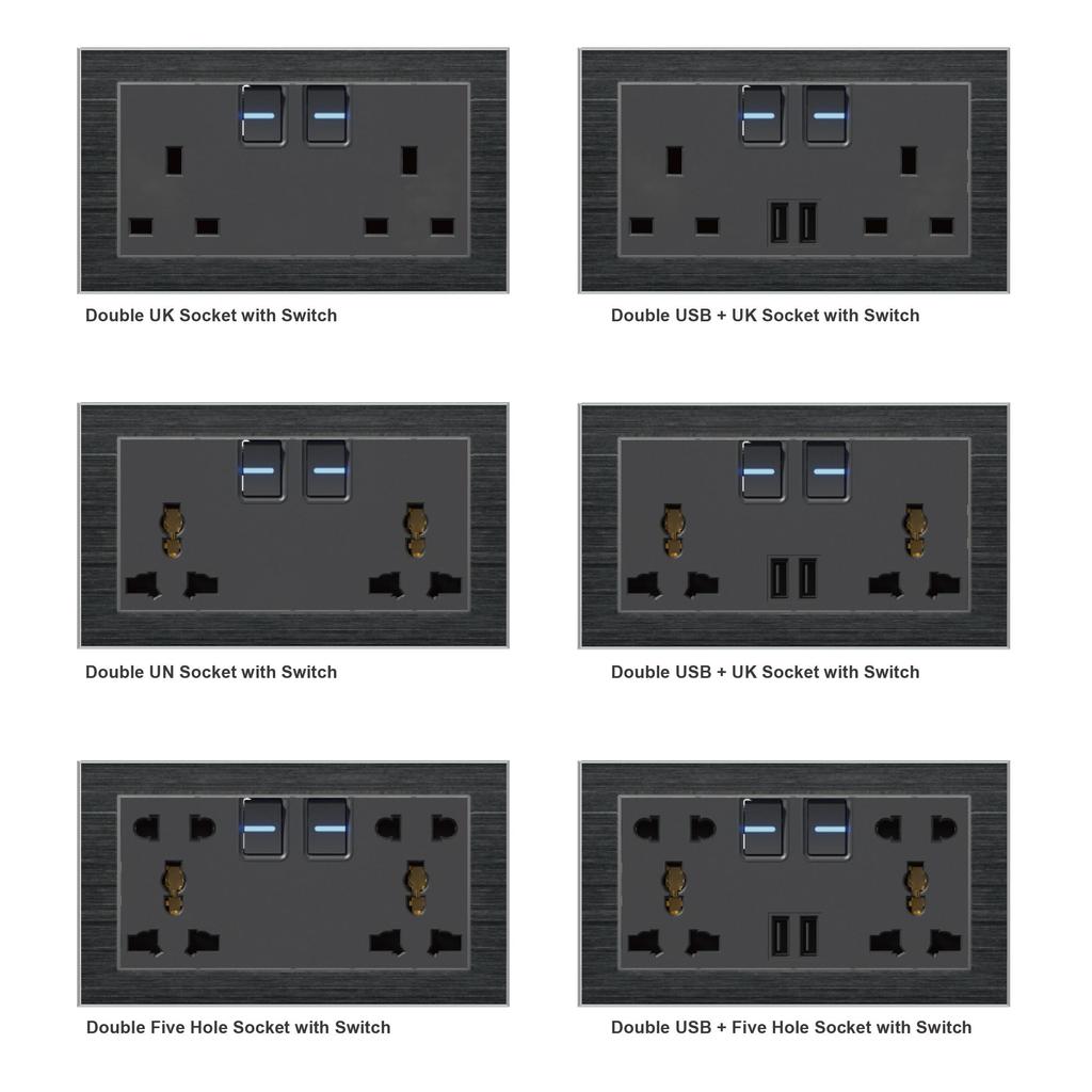 Hot Selling Luxury Metal Stainless Steel Alloy Brushed Coffee Color Wall Switch Eu FR UK Socket Reset Button Switch Electrical