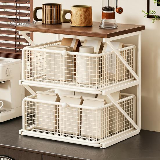 Coffee Pods Holder Station Organizer with Drawer, Tiered Bar Organizer, Wooden Top Shelf, Countertop Storage Rack Wire Mesh Drawers for Tea