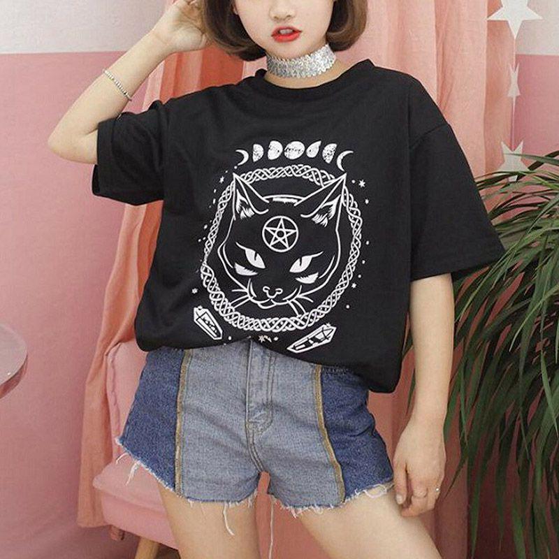 Damen Mädchen Lustiges Kurzarm Mond Katze Print Punk Gothic Lässiges Oberteil Bluse