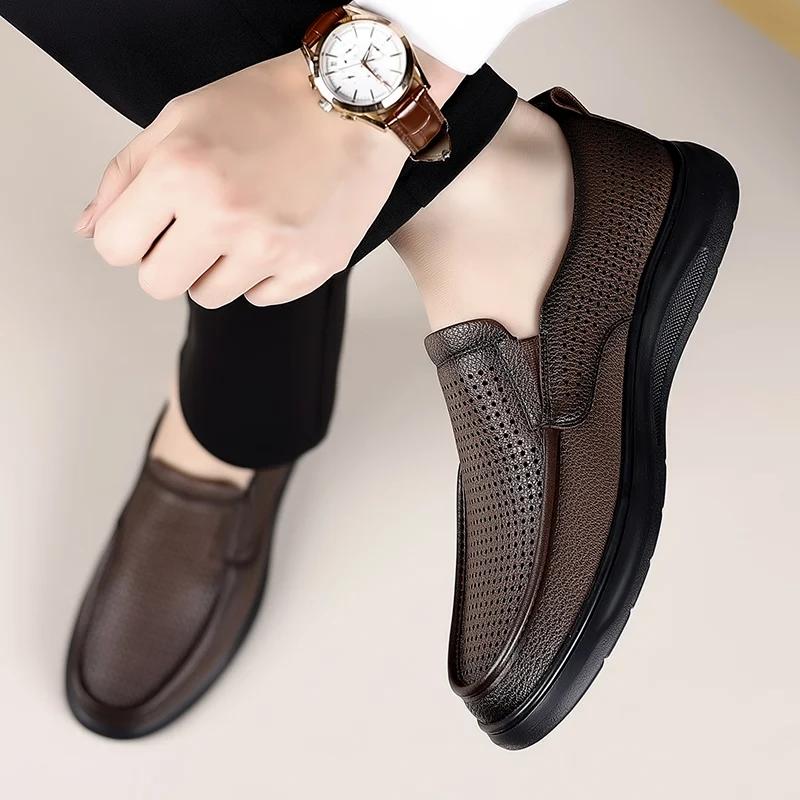 Summer Fashion Men'S Leisure Business Breathable Soft Punching Genuine Leather Shoes Brand New Men'S Comfortable Hollow Sandals