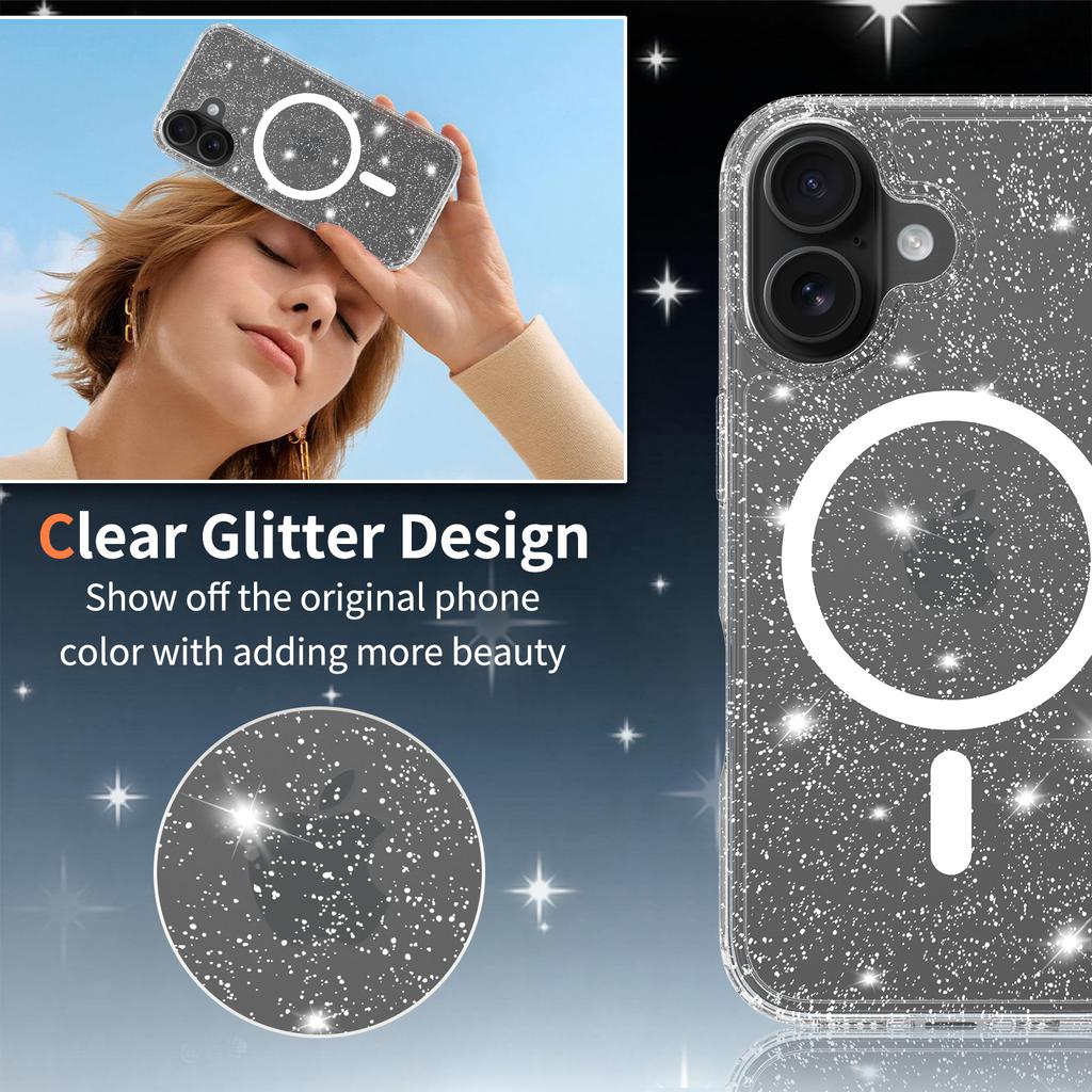 Magnetic Glitter Clear Case for Magsafe Iphone 17 Pro Max Air 16 Plus 16E 15 13Pro 14 Pro 16Pro 17Pro Mag Safe Anti Yellowing Phone Cover Accessories
